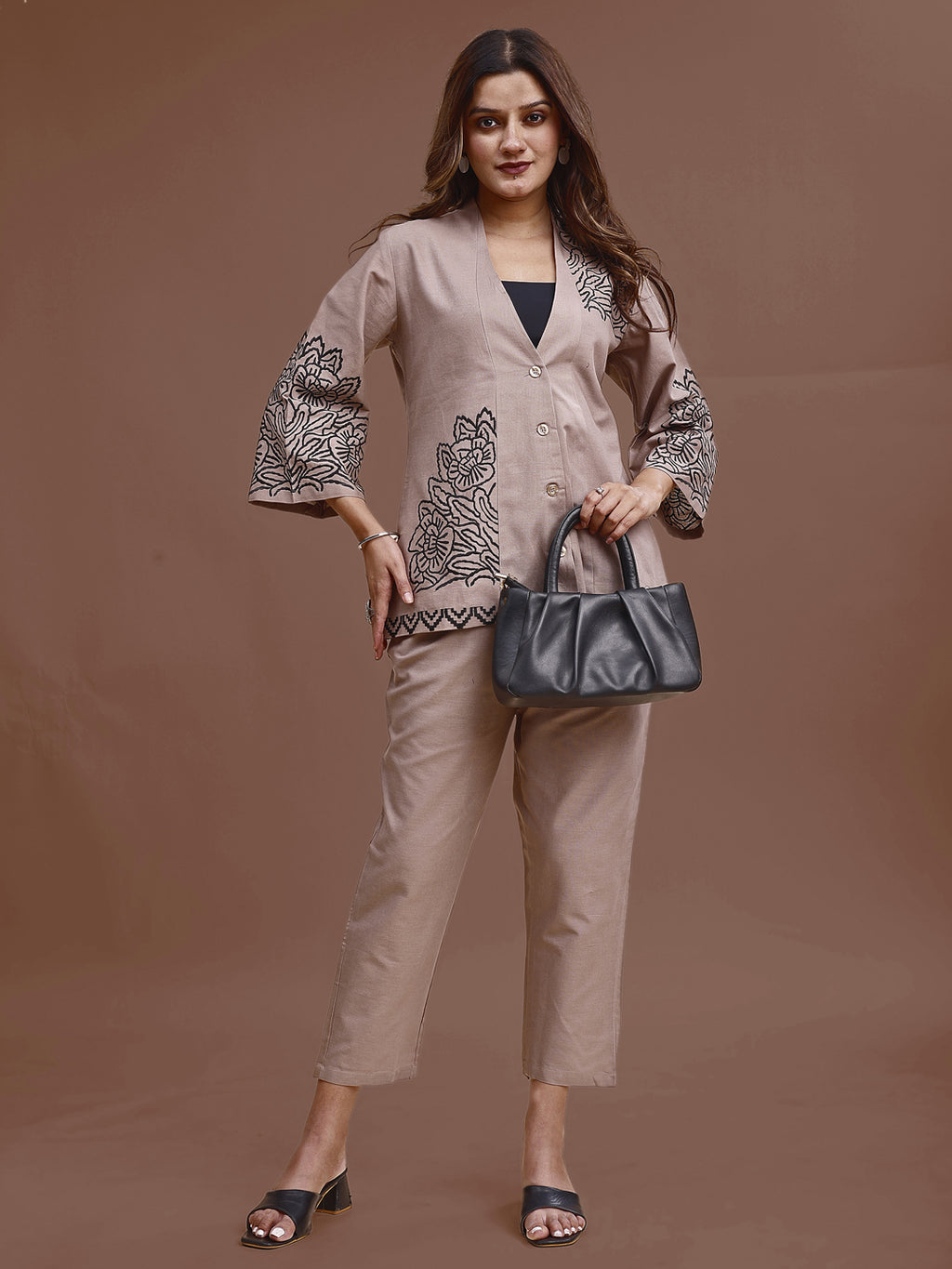 Khaki Colored Pure Cotton With Black Thread Embroidered Shirt & Trouser Co-ord Set