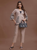 Khaki Colored Pure Cotton With Black Thread Embroidered Shirt & Trouser Co-ord Set