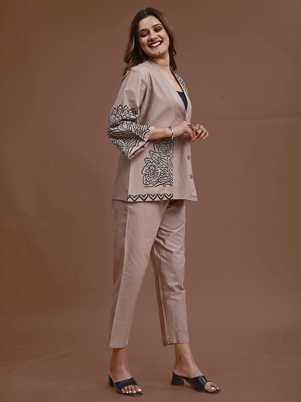 Khaki Colored Pure Cotton With Black Thread Embroidered Shirt & Trouser Co-ord Set