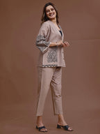 Khaki Colored Pure Cotton With Black Thread Embroidered Shirt & Trouser Co-ord Set