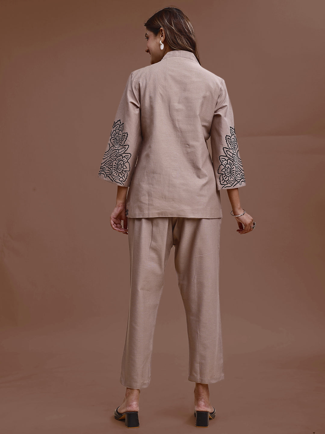 Khaki Colored Pure Cotton With Black Thread Embroidered Shirt & Trouser Co-ord Set