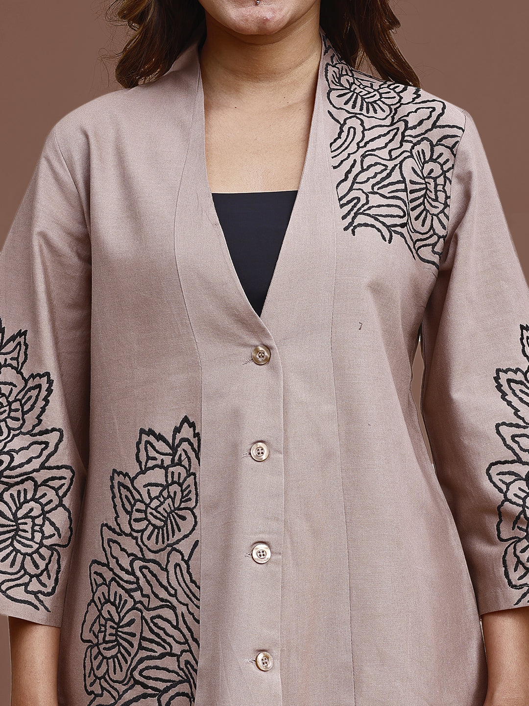 Khaki Colored Pure Cotton With Black Thread Embroidered Shirt & Trouser Co-ord Set
