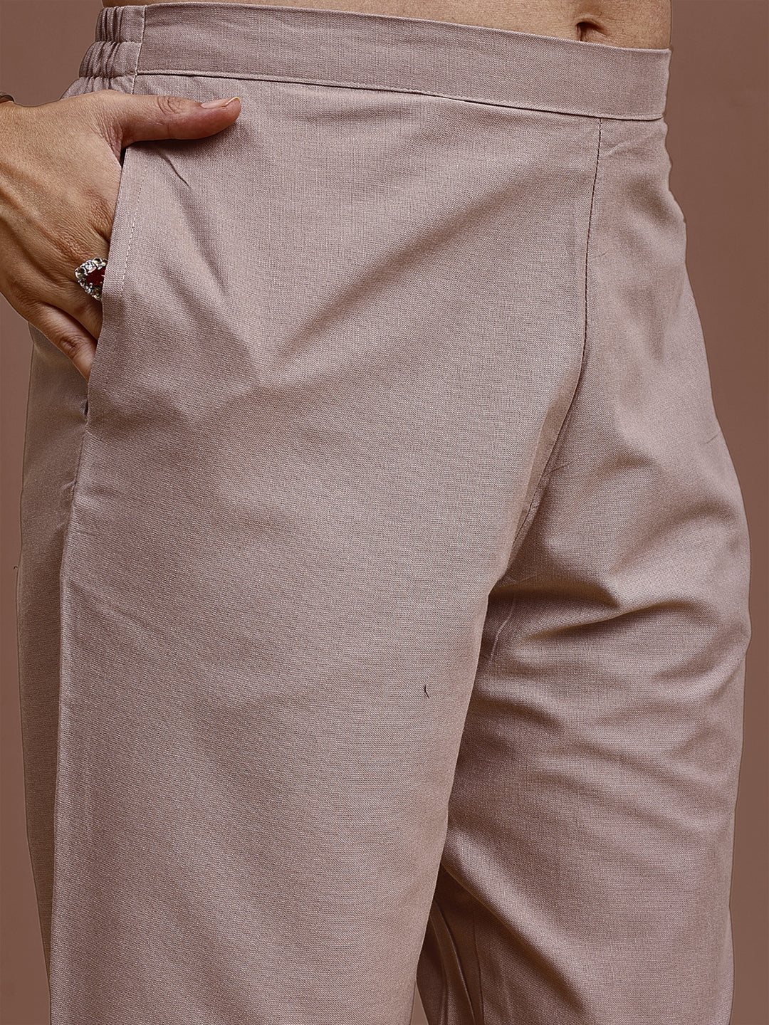 Khaki Colored Pure Cotton With Black Thread Embroidered Shirt & Trouser Co-ord Set