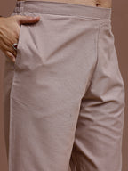 Khaki Colored Pure Cotton With Black Thread Embroidered Shirt & Trouser Co-ord Set