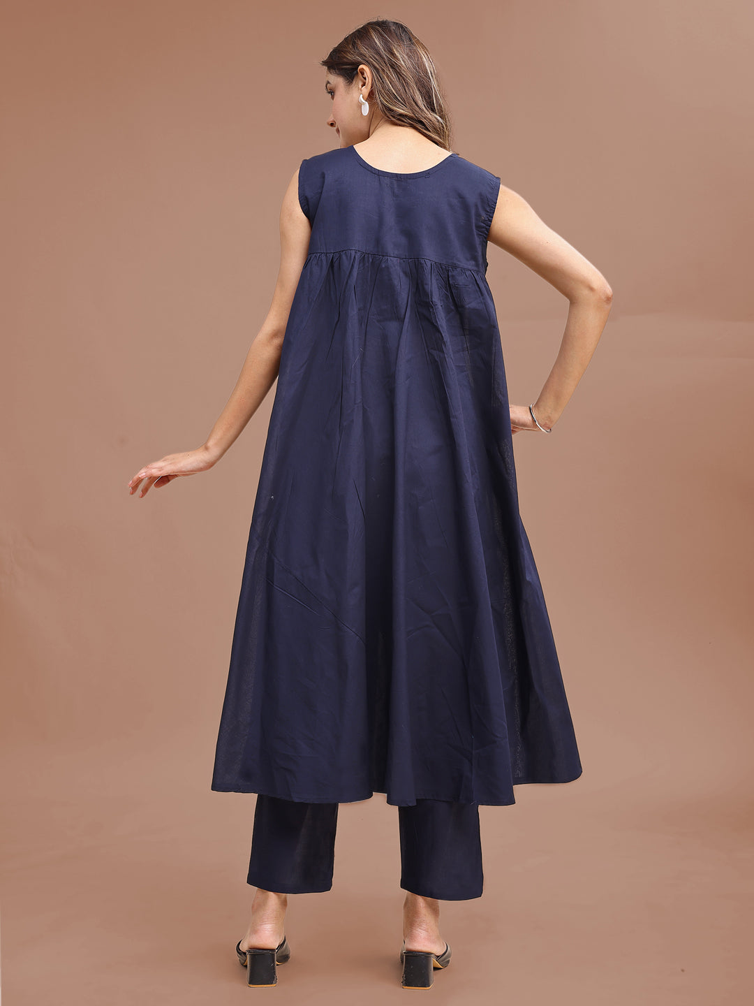 Blue Colored Pure Cotton With A-Line Peacock Embroidered Co-ord Set