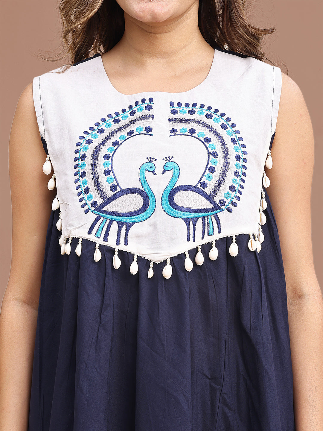 Blue Colored Pure Cotton With A-Line Peacock Embroidered Co-ord Set