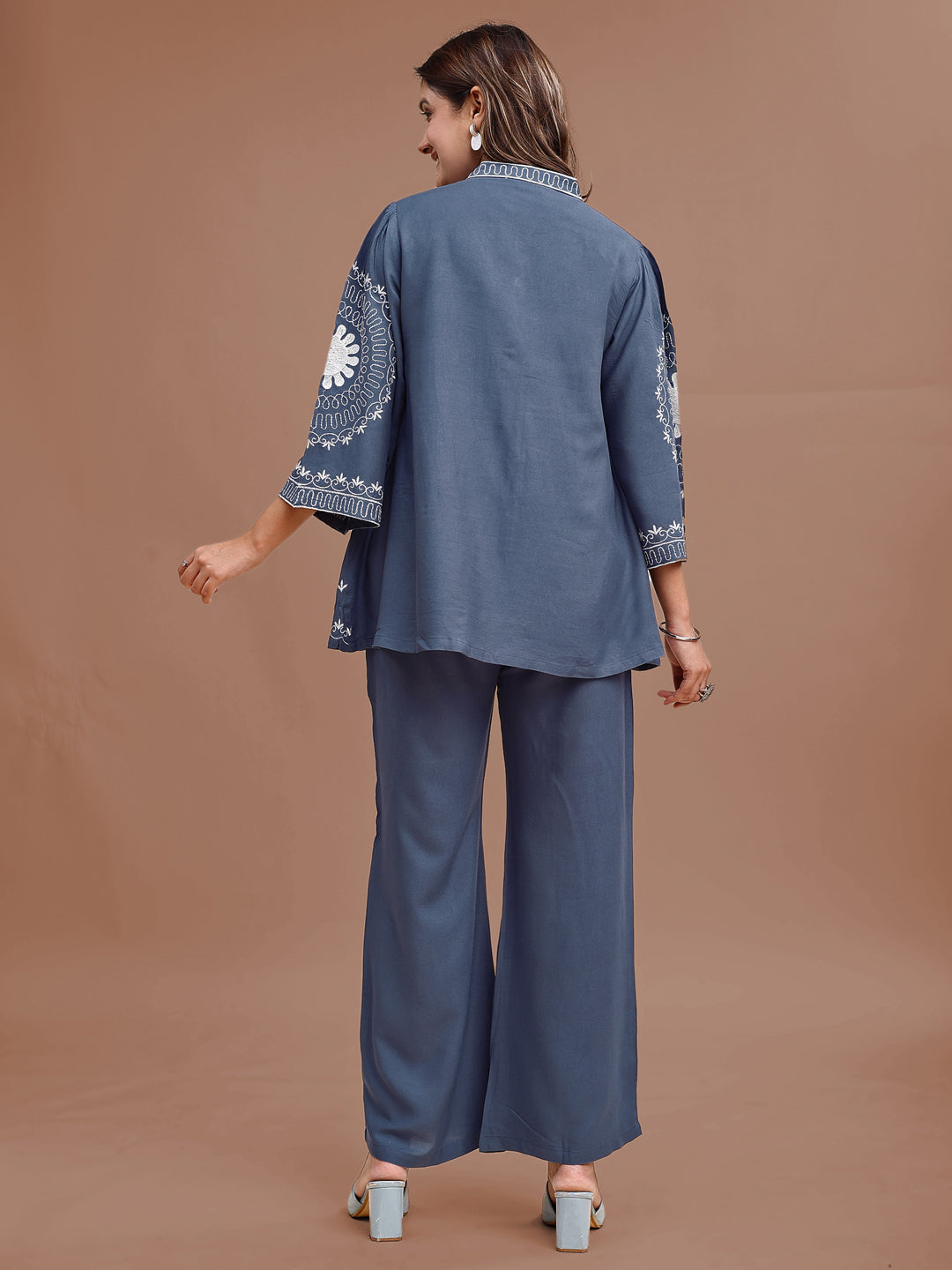 Denim Blue Colored Rayon With White Thread Embroidered Tunic & Trouser