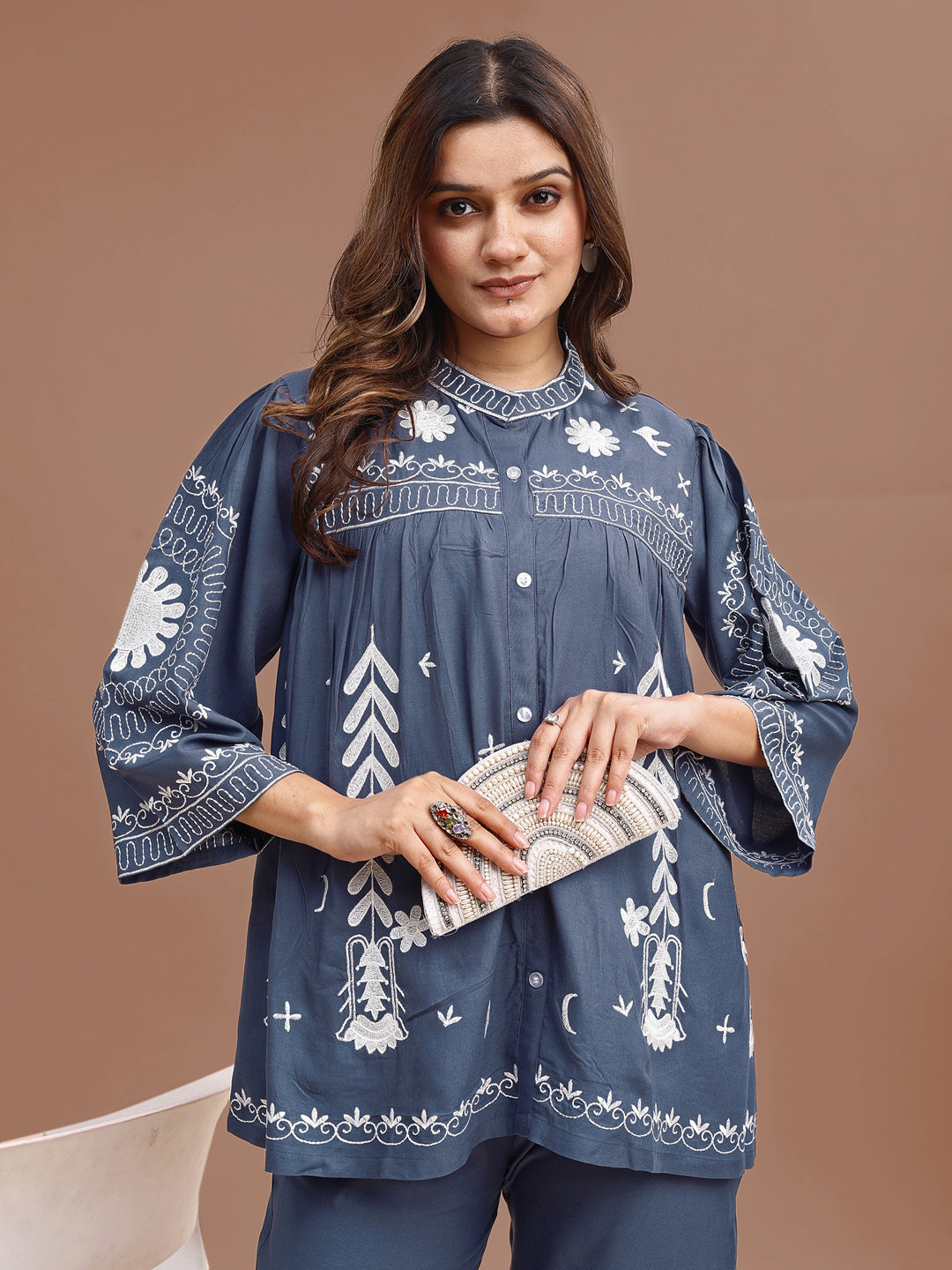 Denim Blue Colored Rayon With White Thread Embroidered Tunic & Trouser