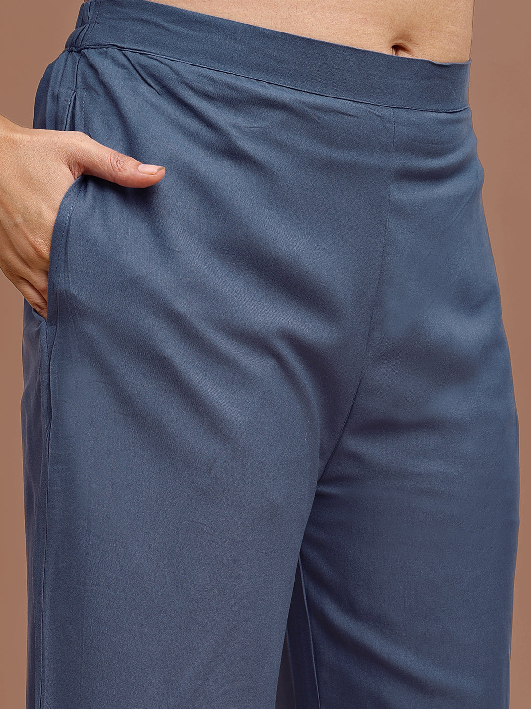 Denim Blue Colored Rayon With White Thread Embroidered Tunic & Trouser