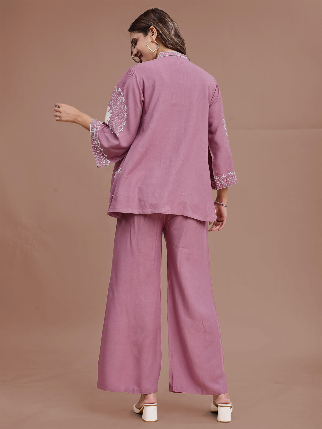 Mauve Rayon With White Thread Embroidery Tunic & Trouser Co-ord Set