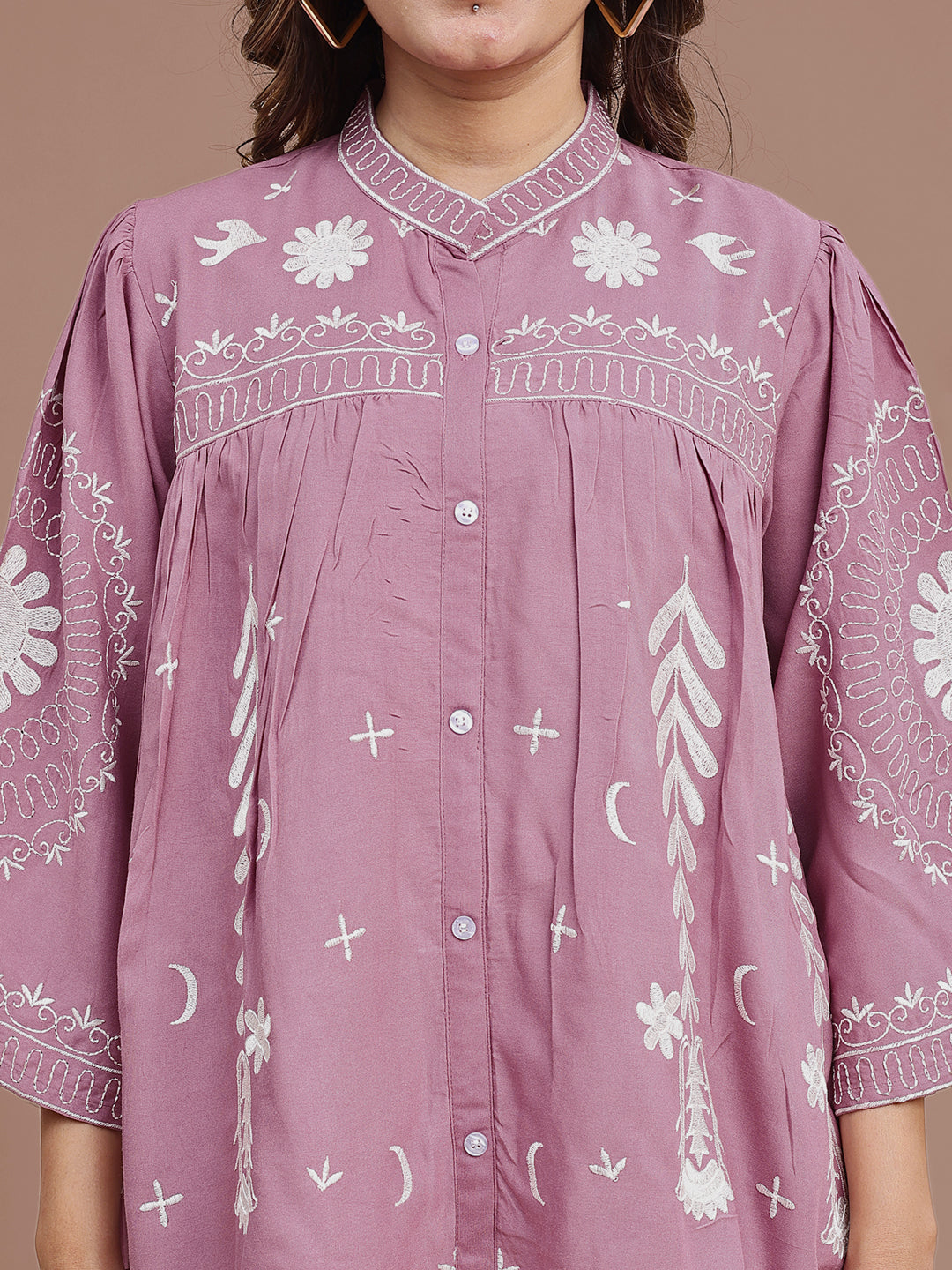 Mauve Rayon With White Thread Embroidery Tunic & Trouser Co-ord Set