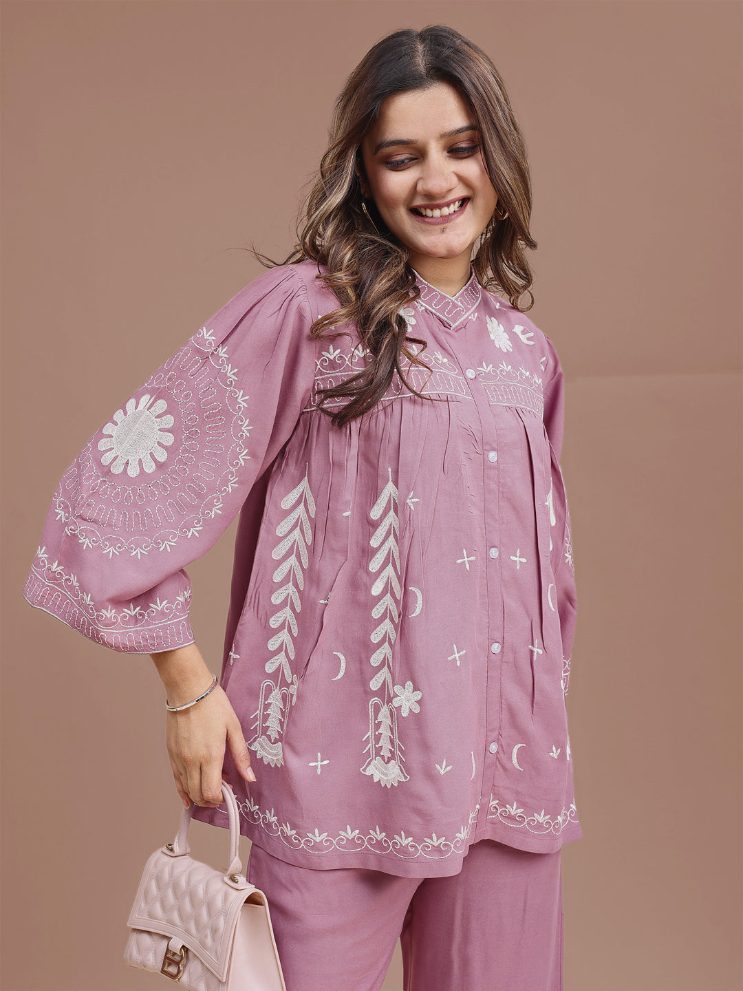 Mauve Rayon With White Thread Embroidery Tunic & Trouser Co-ord Set