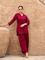 Maroon color silk blend with sequinns & thread embroidered Co-ords Set