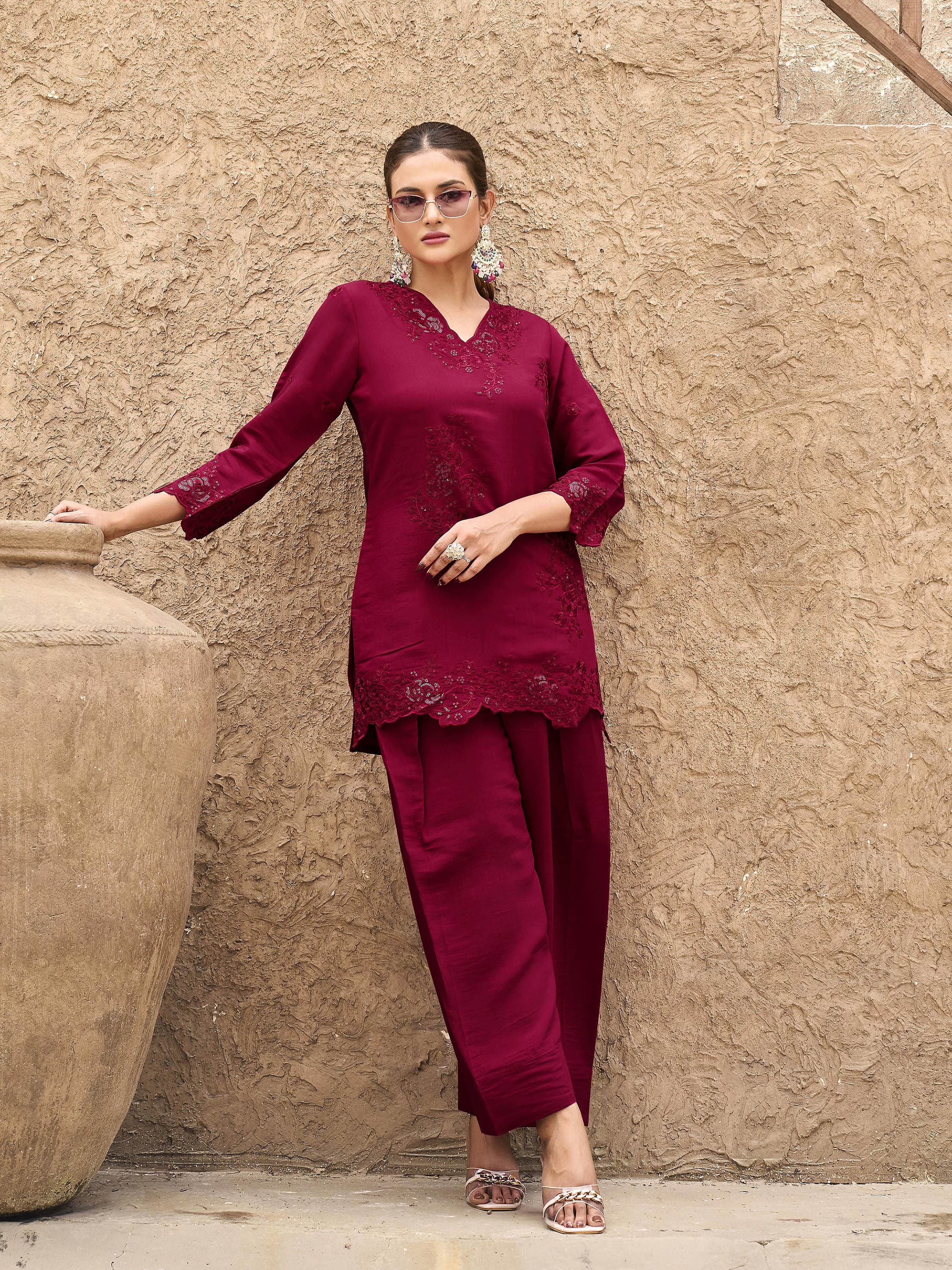 Maroon color silk blend with sequinns & thread embroidered Co-ords Set