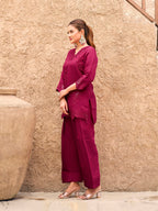 Maroon color silk blend with sequinns & thread embroidered Co-ords Set