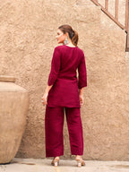 Maroon color silk blend with sequinns & thread embroidered Co-ords Set