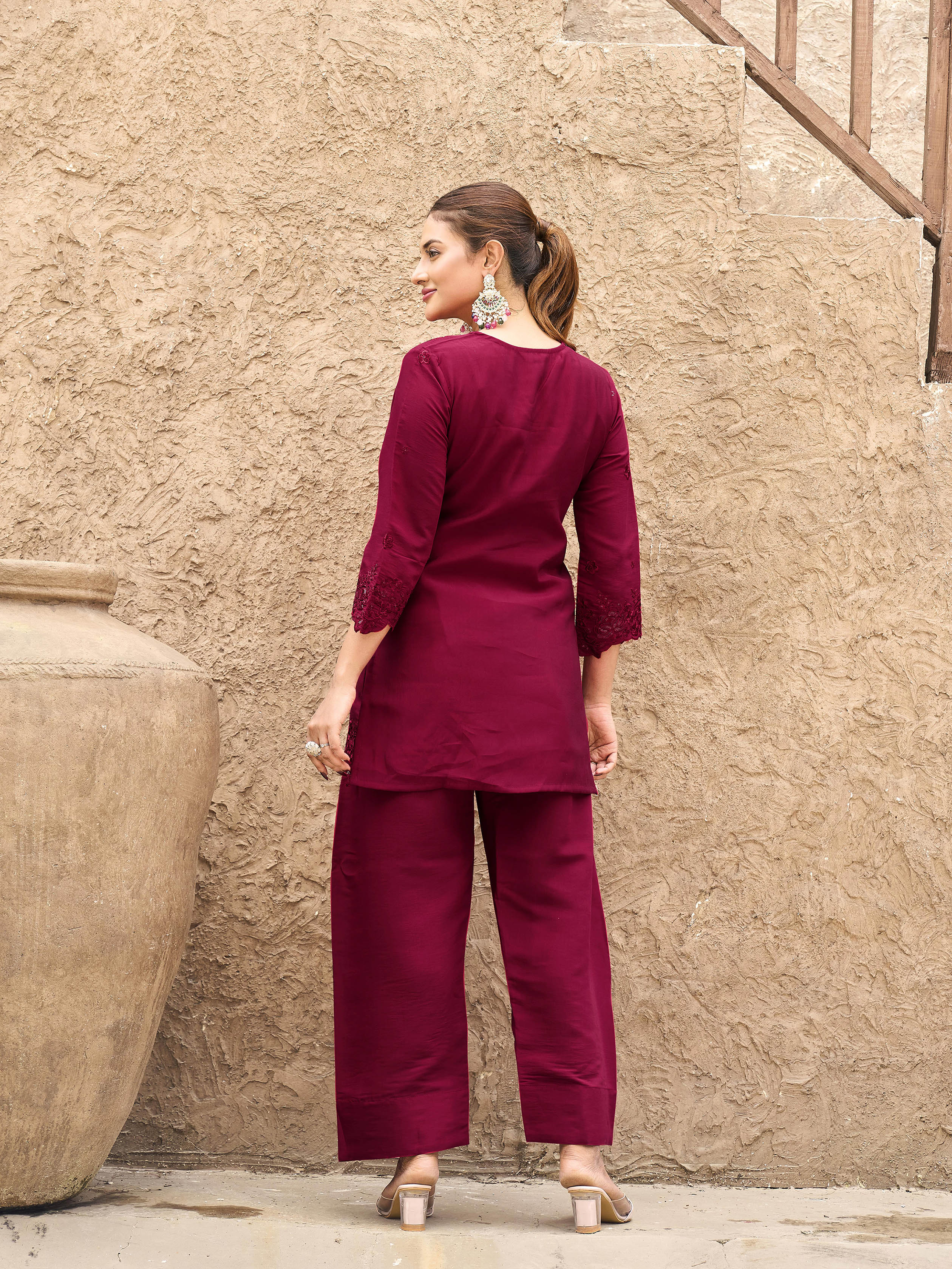 Maroon color silk blend with sequinns & thread embroidered Co-ords Set
