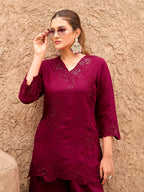Maroon color silk blend with sequinns & thread embroidered Co-ords Set