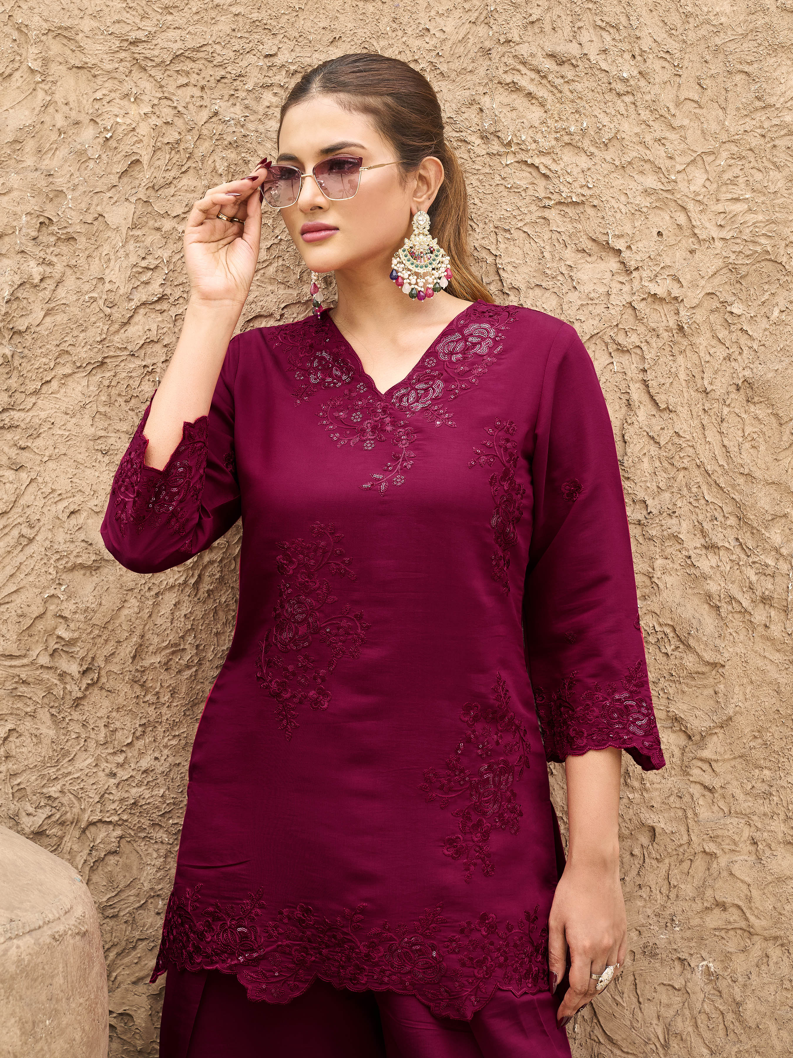 Maroon color silk blend with sequinns & thread embroidered Co-ords Set