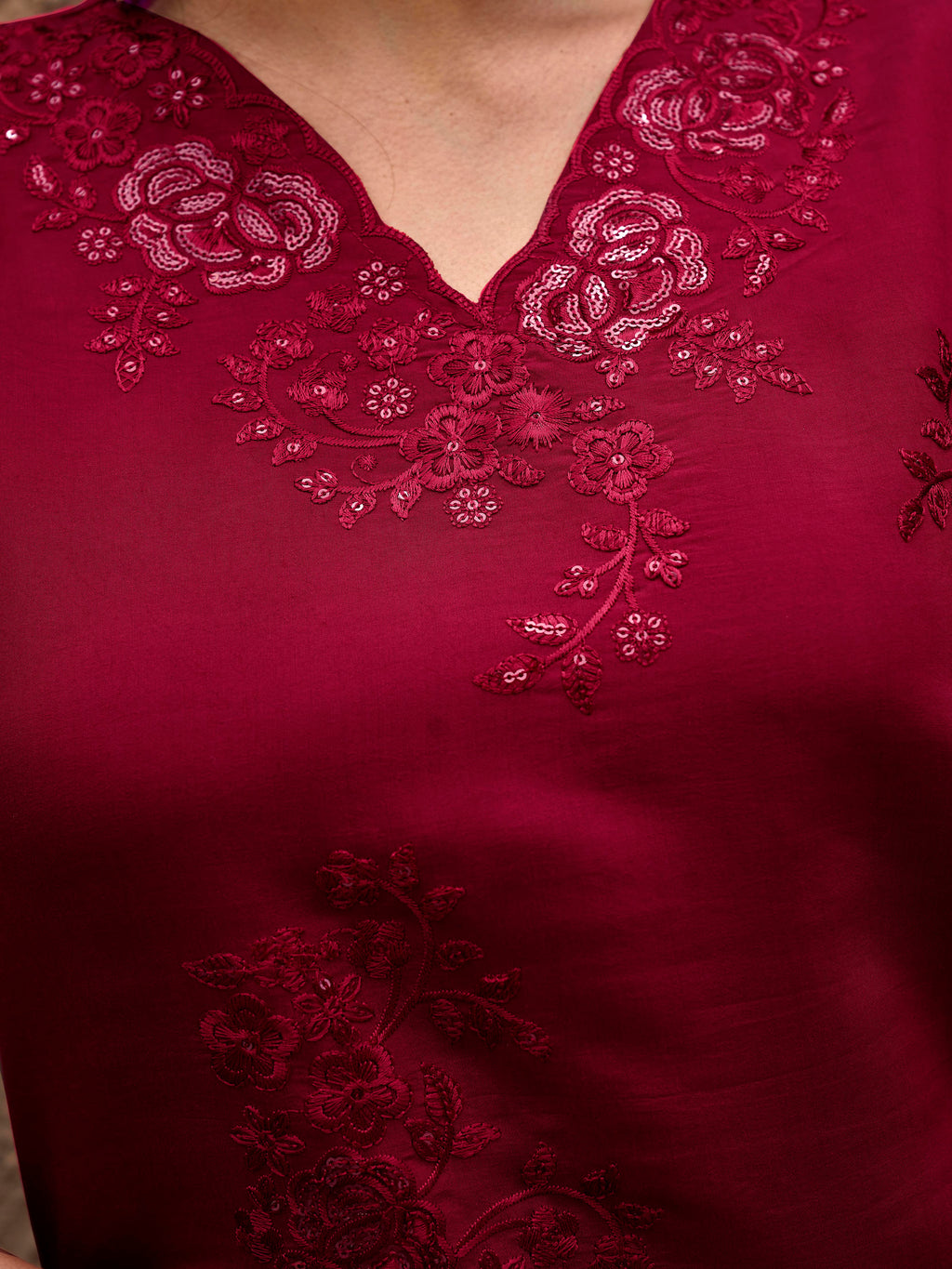 Maroon color silk blend with sequinns & thread embroidered Co-ords Set