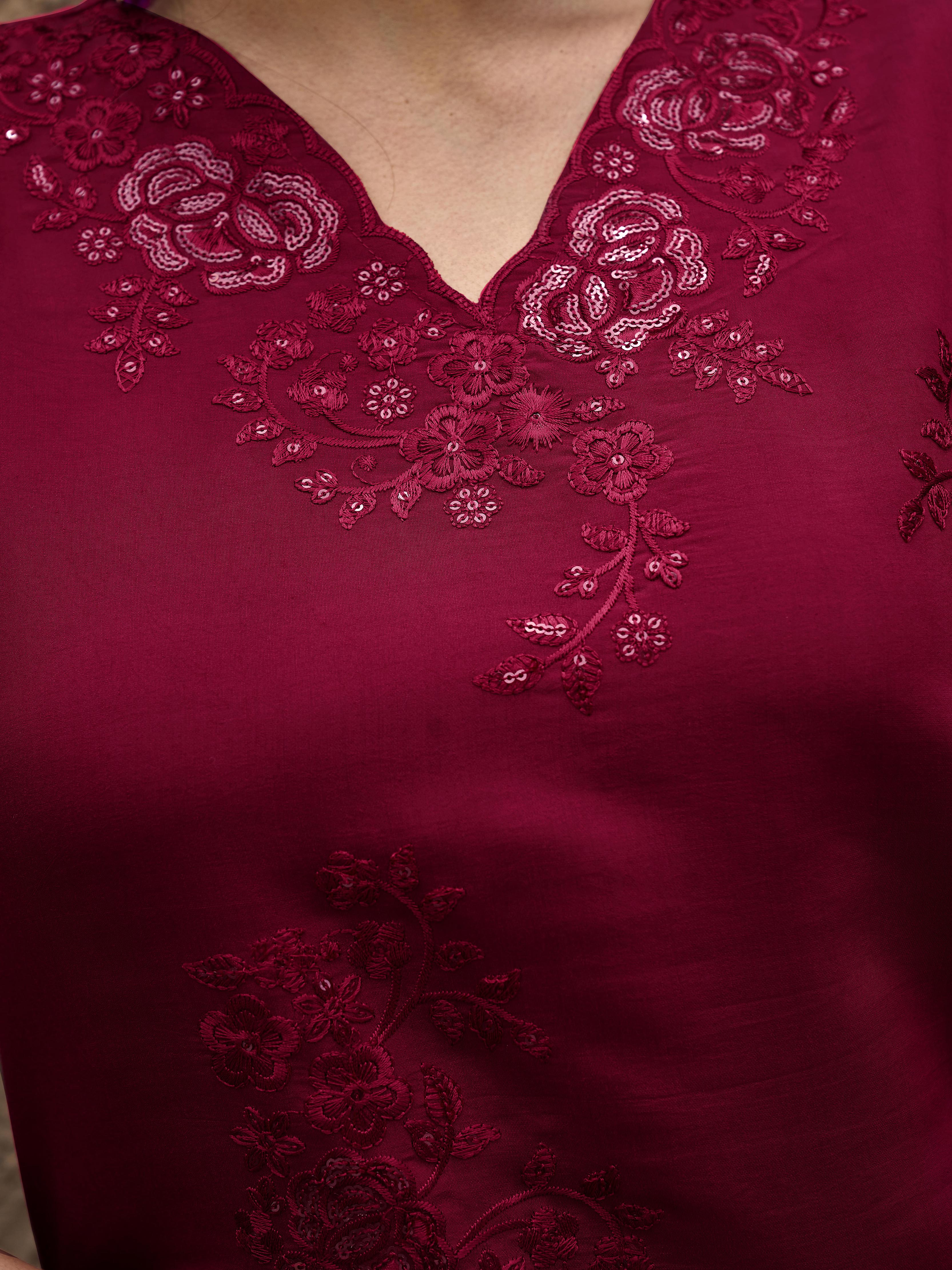 Maroon color silk blend with sequinns & thread embroidered Co-ords Set