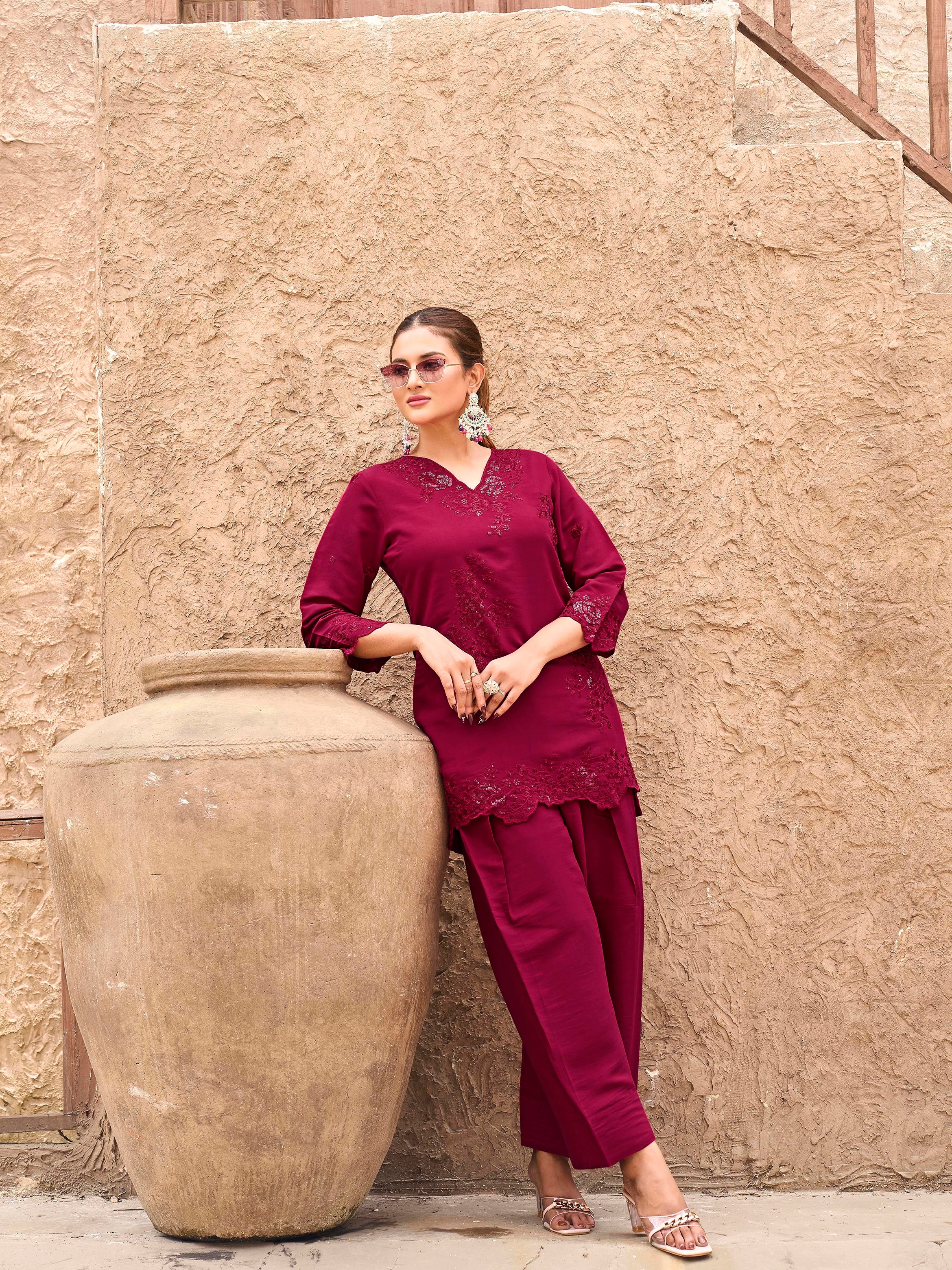 Maroon color silk blend with sequinns & thread embroidered Co-ords Set