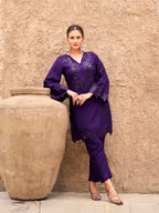Purple color silk blend with sequinns & thread embroidered Co-ords Set
