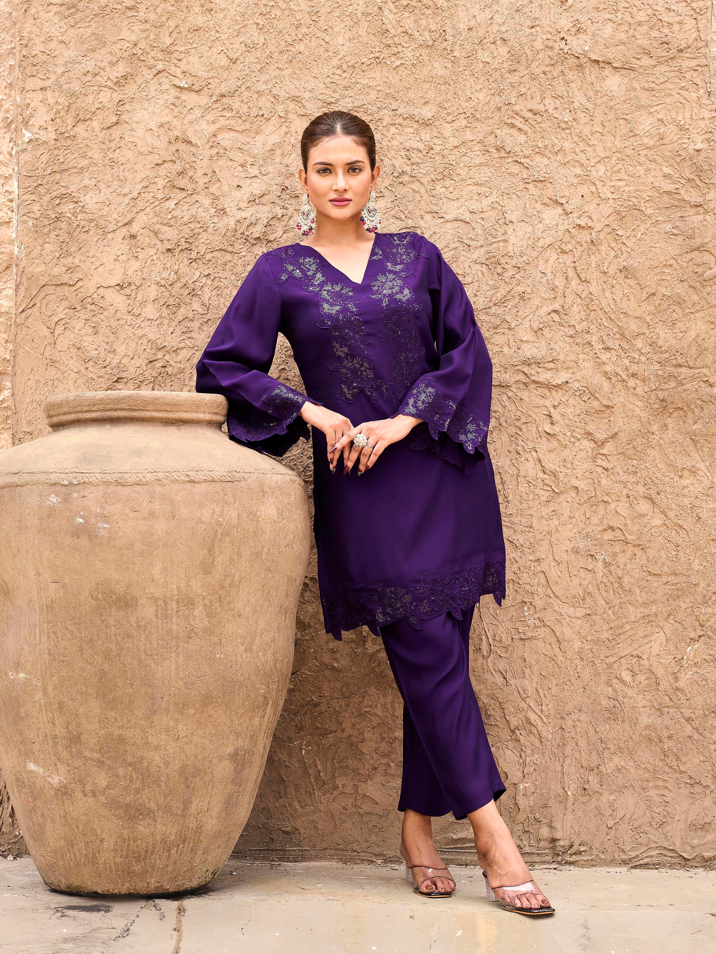Purple color silk blend with sequinns & thread embroidered Co-ords Set