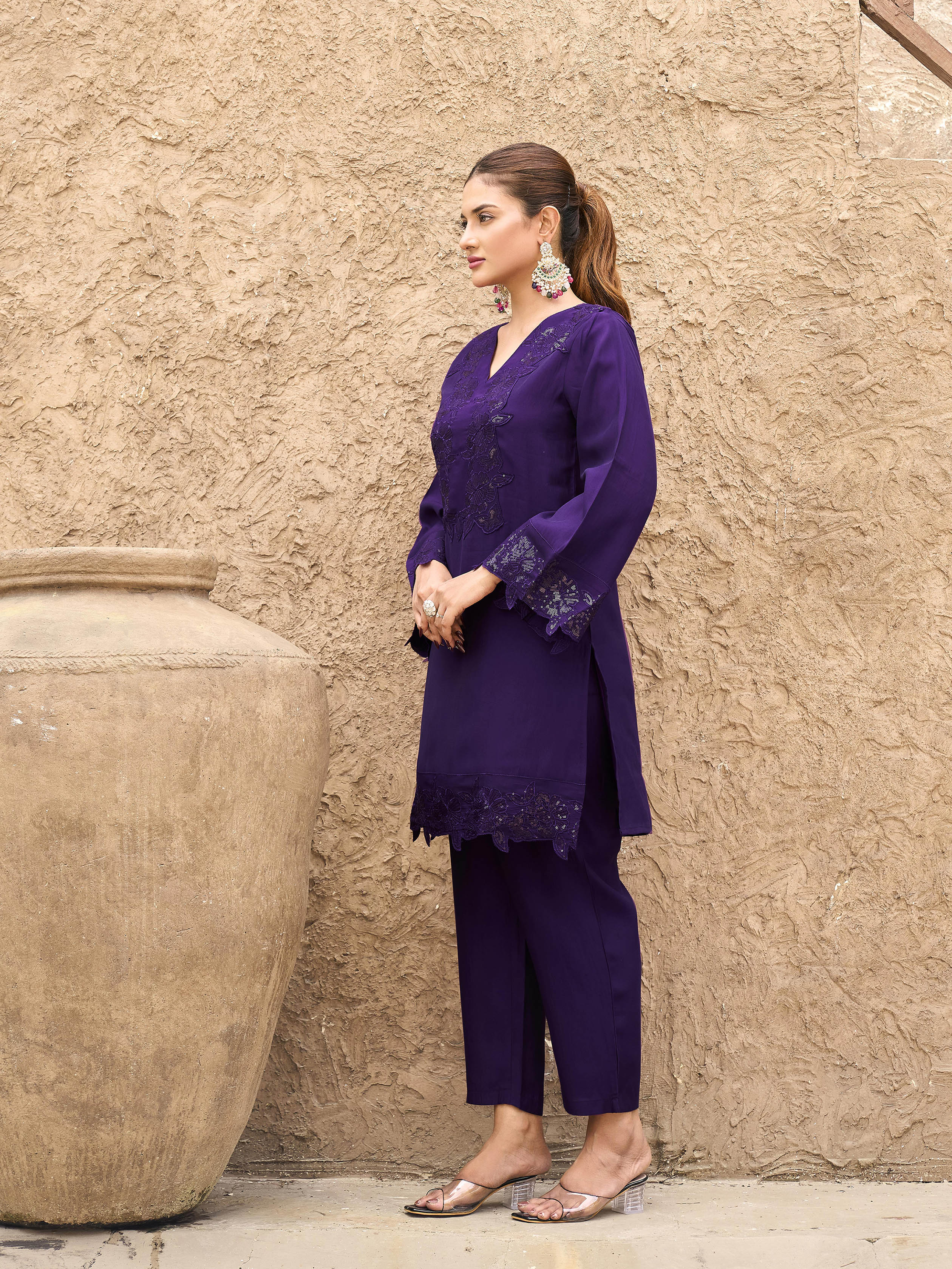 Purple color silk blend with sequinns & thread embroidered Co-ords Set