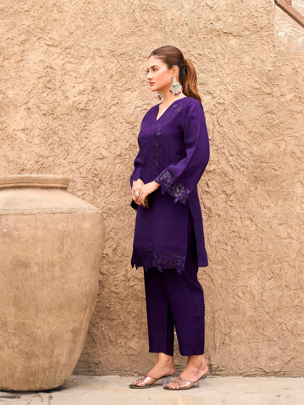 Purple color silk blend with sequinns & thread embroidered Co-ords Set