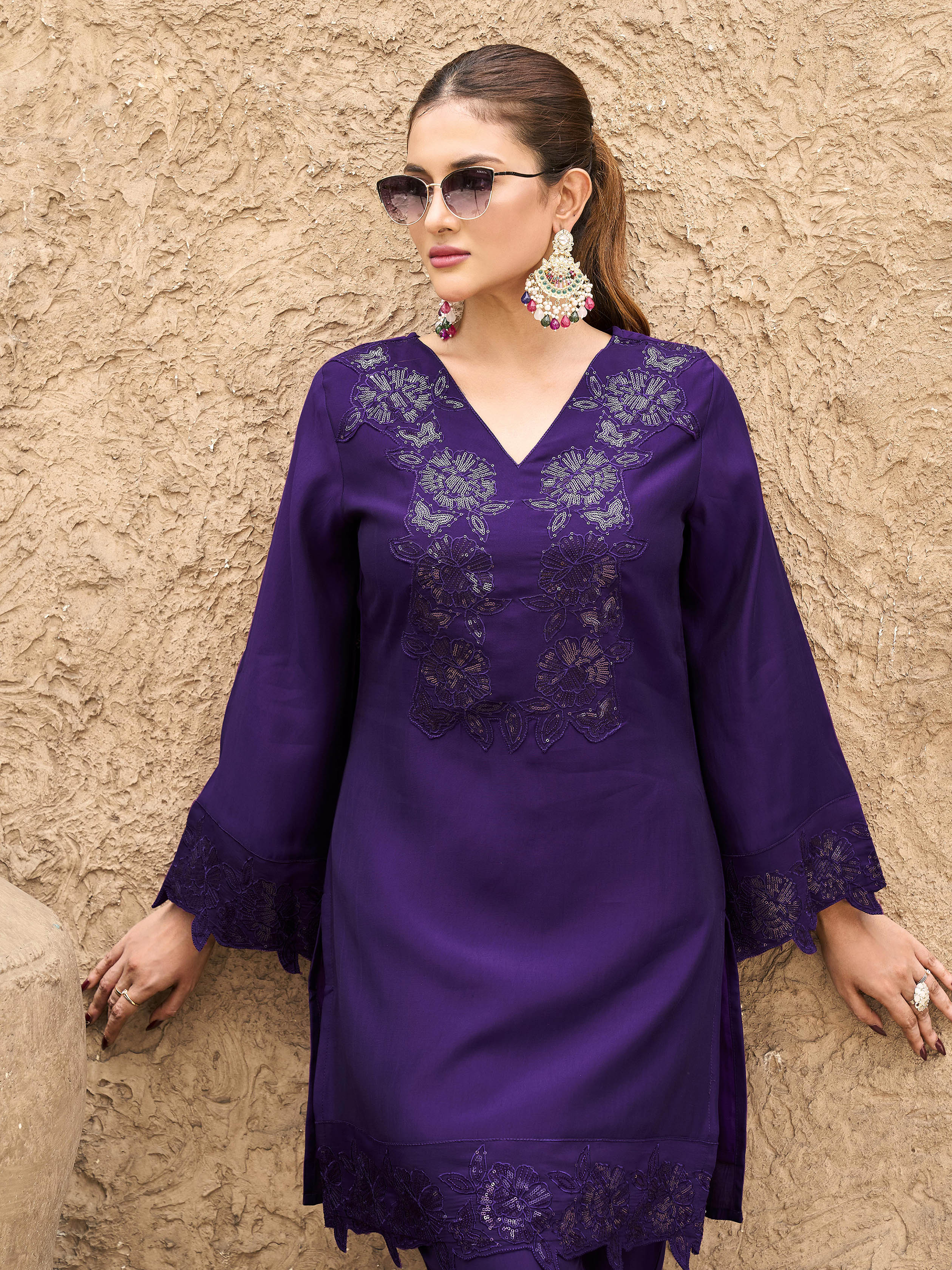 Purple color silk blend with sequinns & thread embroidered Co-ords Set
