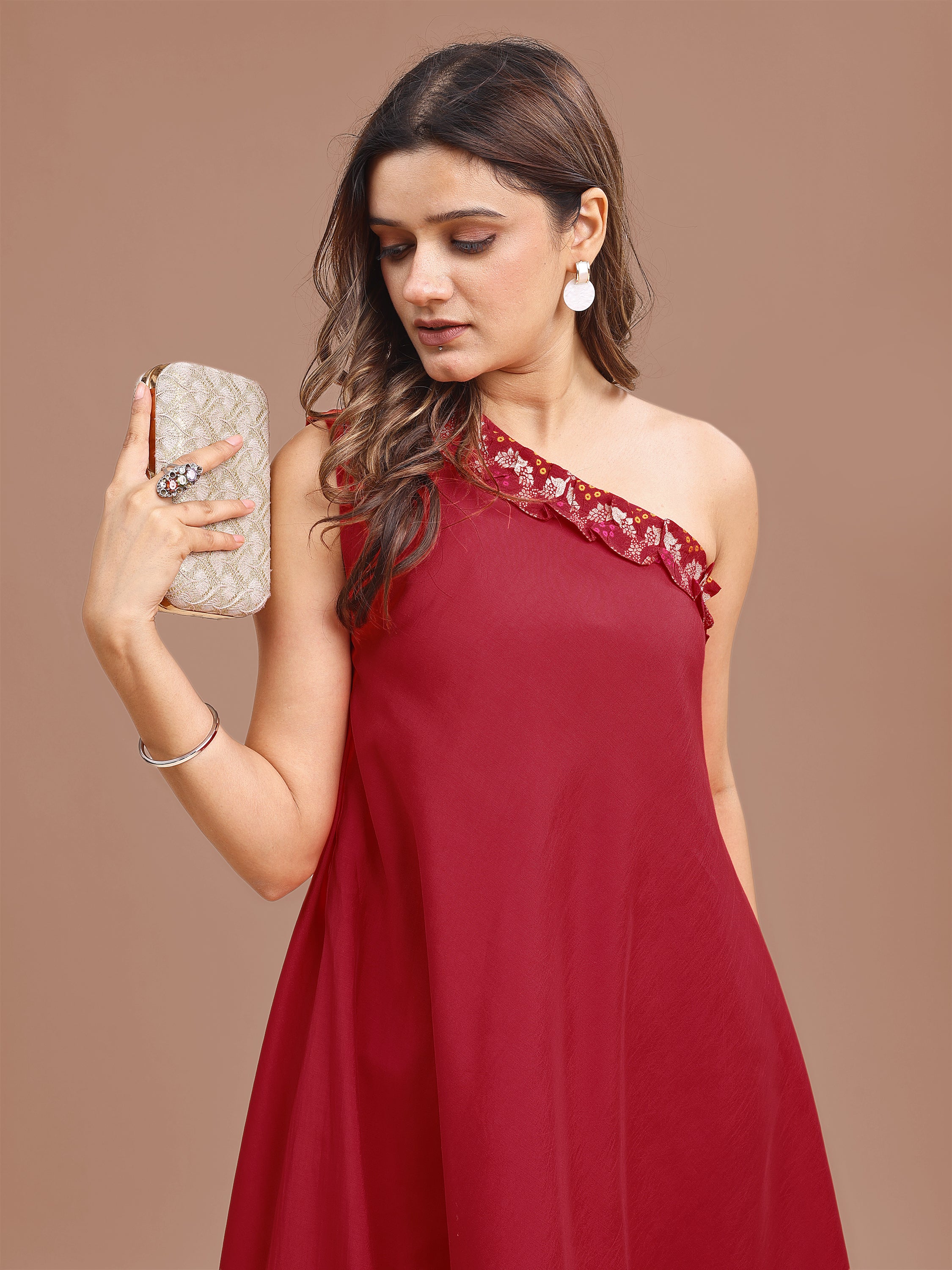 Red Colored Off Shoulder Chanderi Top With Brocade Pant Co-ord Set