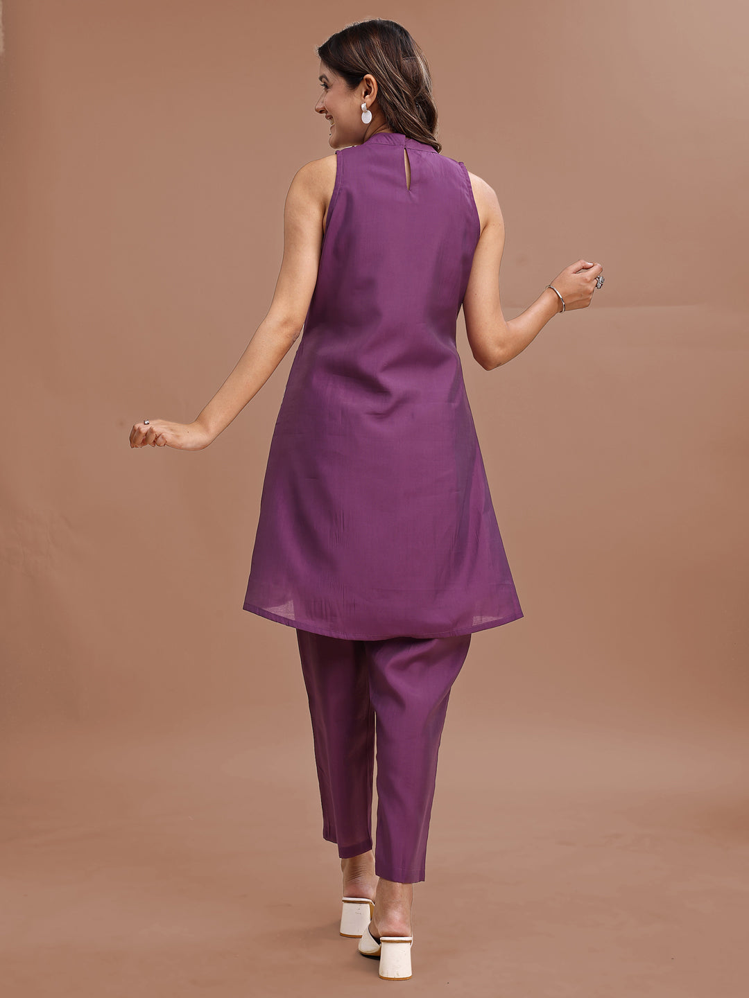 Lavender Colored Halter Neck Embroidered Silk Blend Tunic & Trouser Co-ord Set