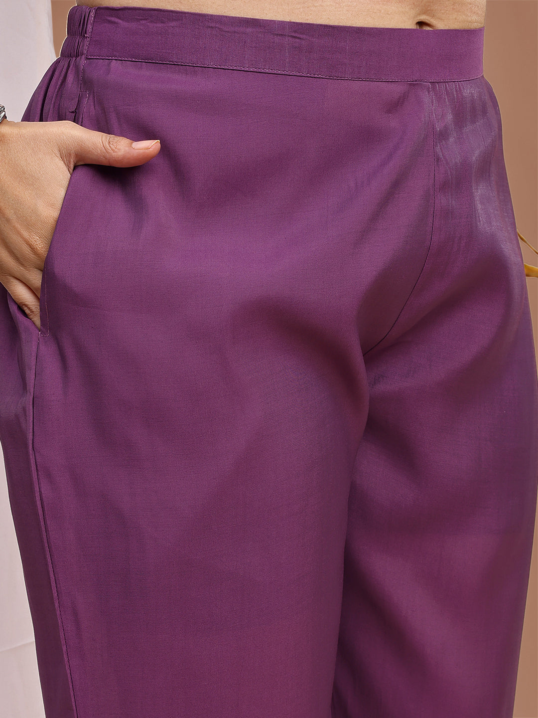 Lavender Colored Halter Neck Embroidered Silk Blend Tunic & Trouser Co-ord Set