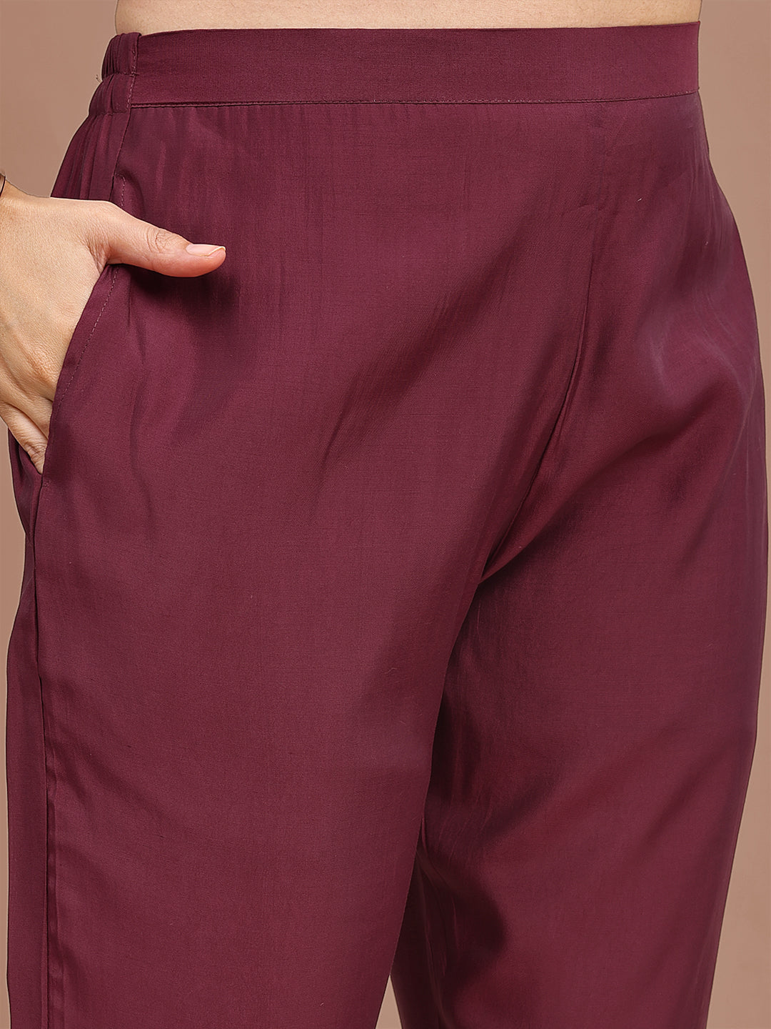 Burgundy Colored Halter Neck Embroidered Silk Blend Tunic & Trouser Co-ord Set