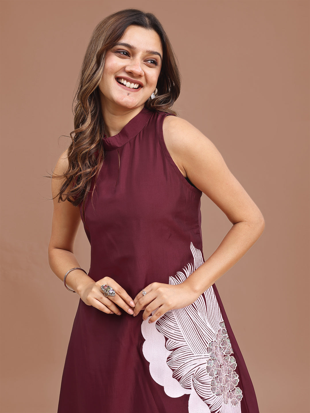 Burgundy Colored Halter Neck Embroidered Silk Blend Tunic & Trouser Co-ord Set