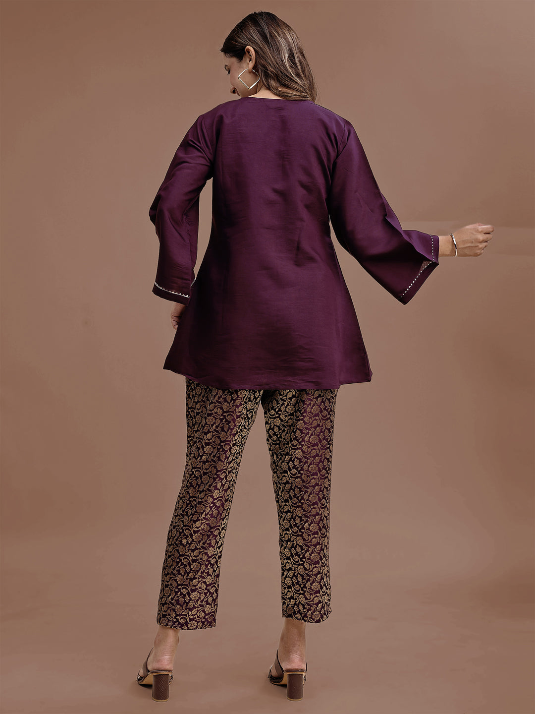 Purple Colored Silk Blend Co-ord Set With Brocade Inner & Trouser