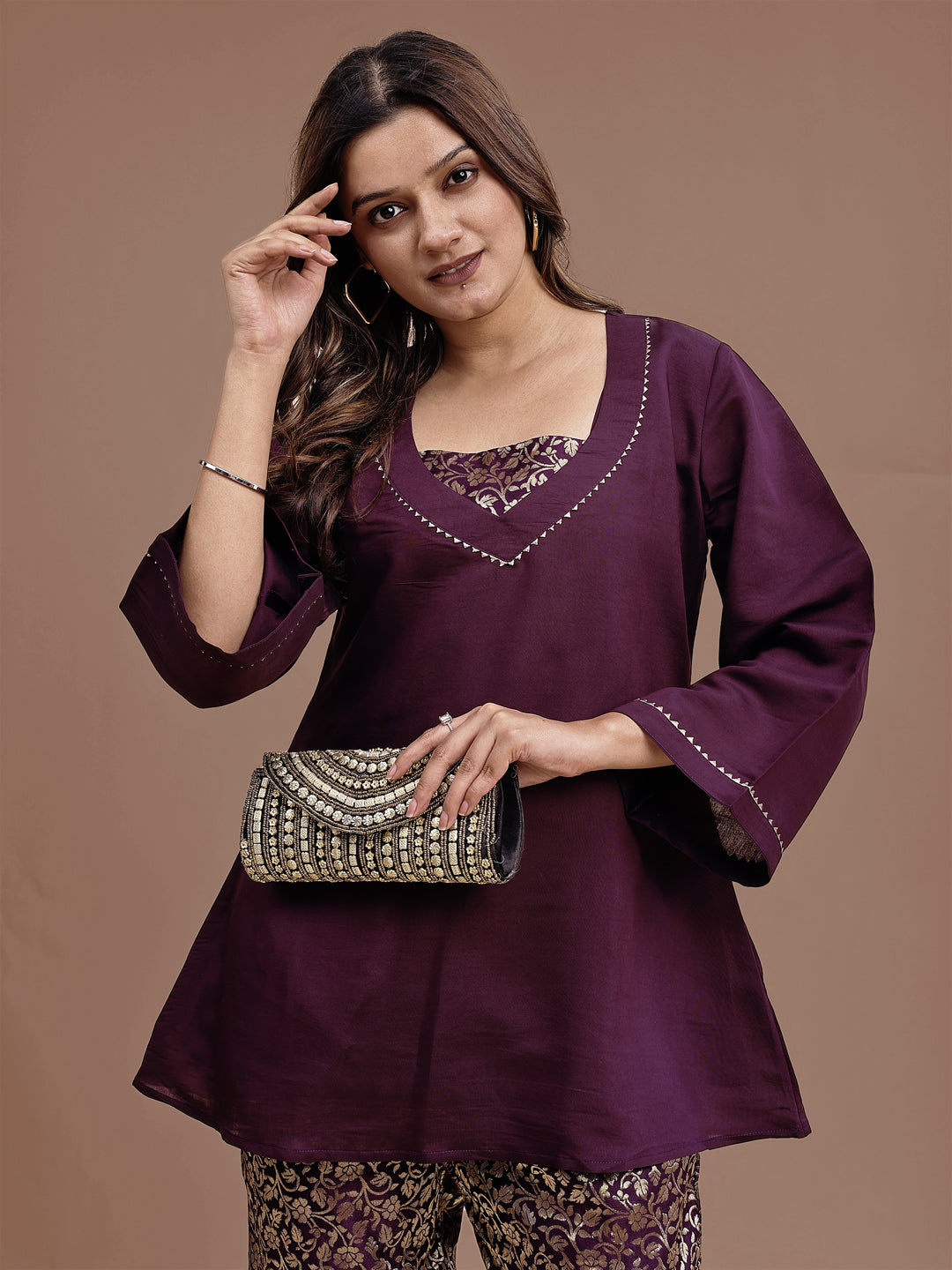 Purple Colored Silk Blend Co-ord Set With Brocade Inner & Trouser