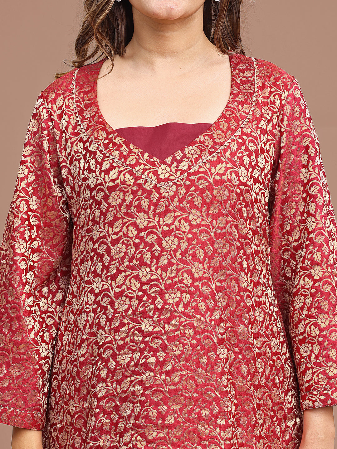 Red Colored Brocade Tunic With Silk Blend Inner & Trouser