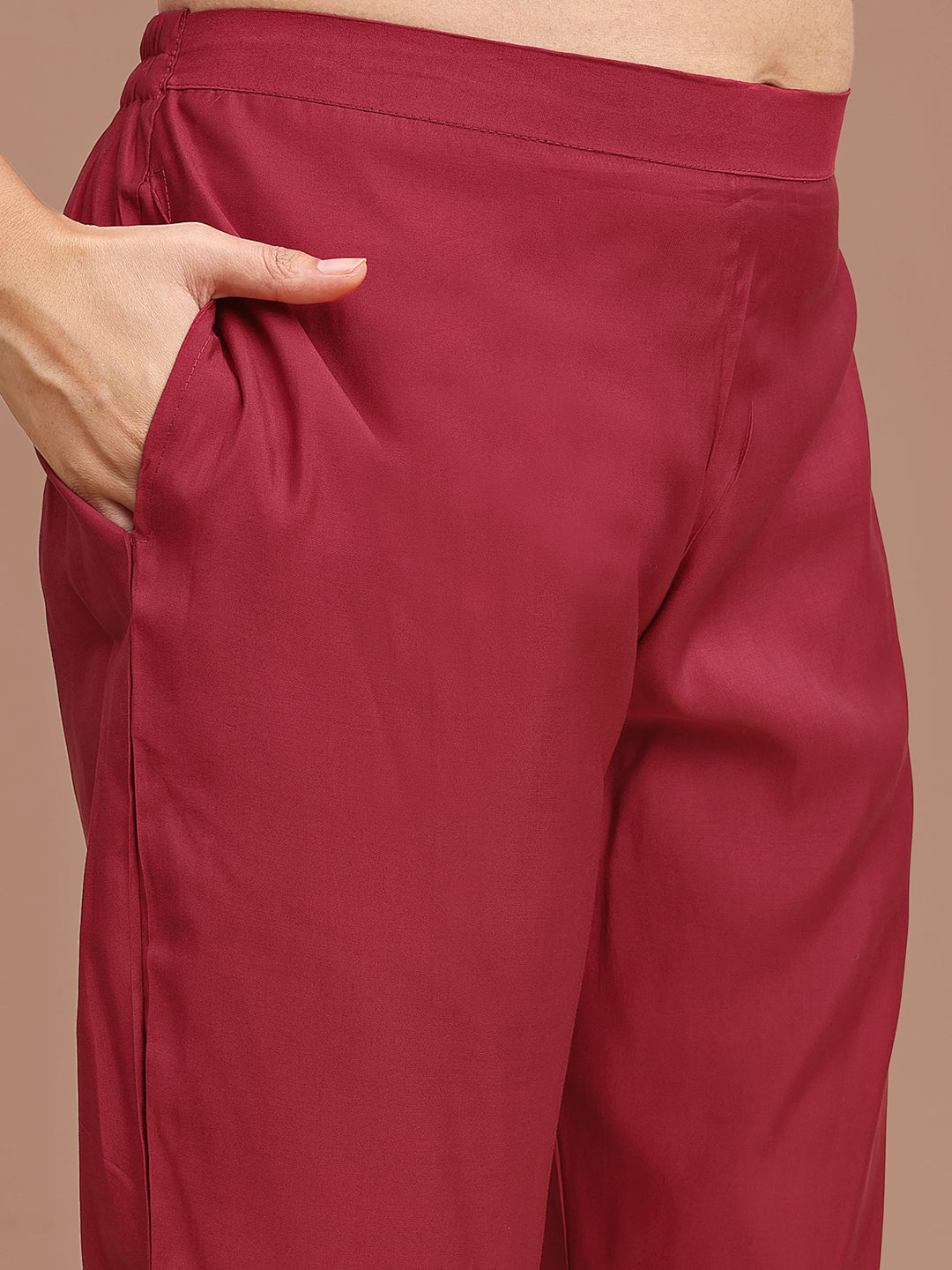 Red Colored Brocade Tunic With Silk Blend Inner & Trouser