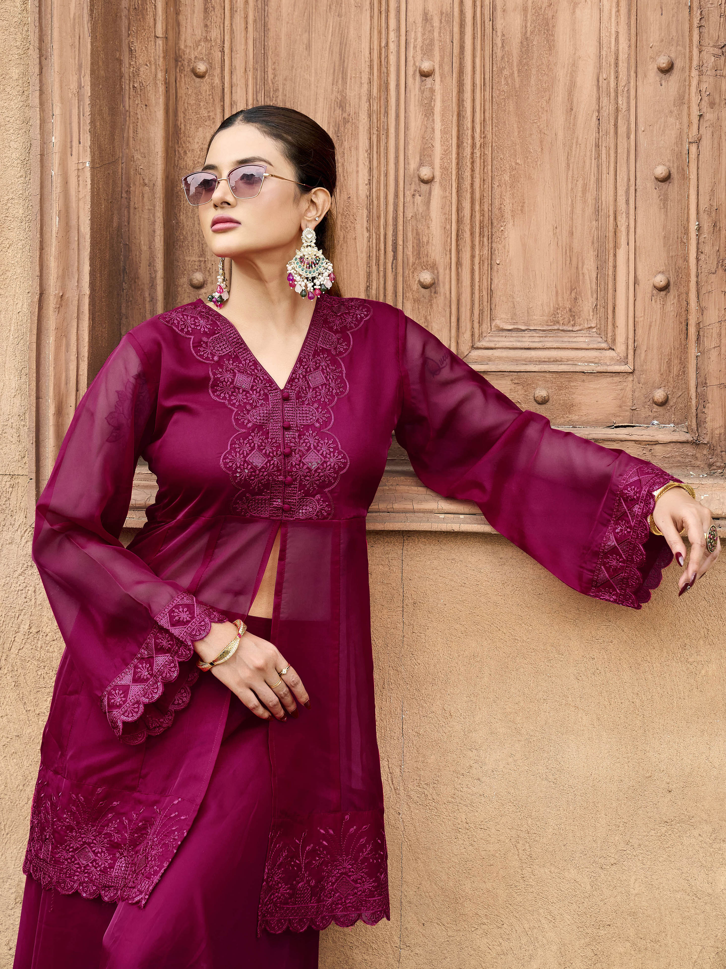 Pink color organza sequinns and thread embroidered Co-ords Set