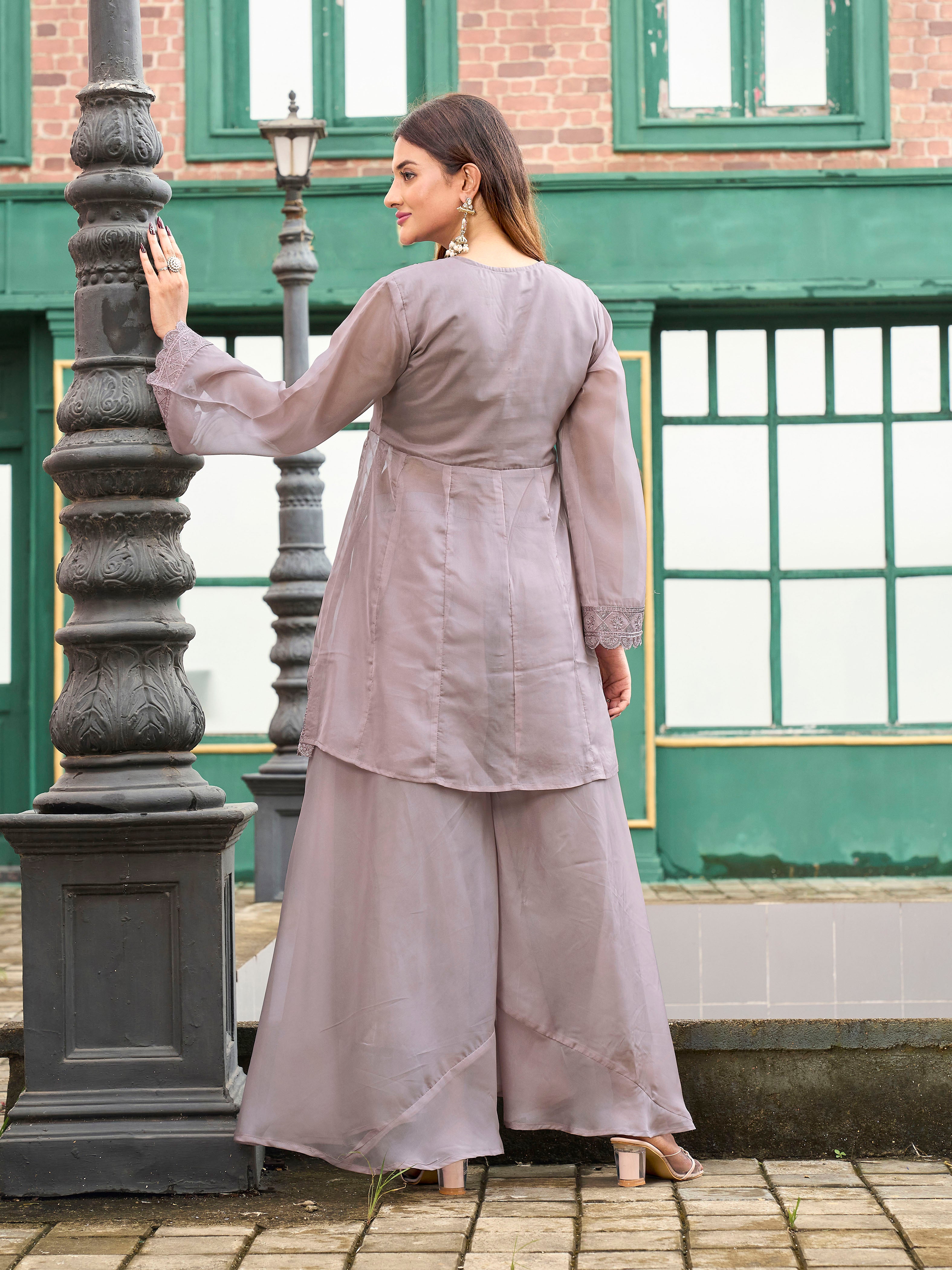 Still Grey color organza sequinns and thread embroidered Co-ords Set