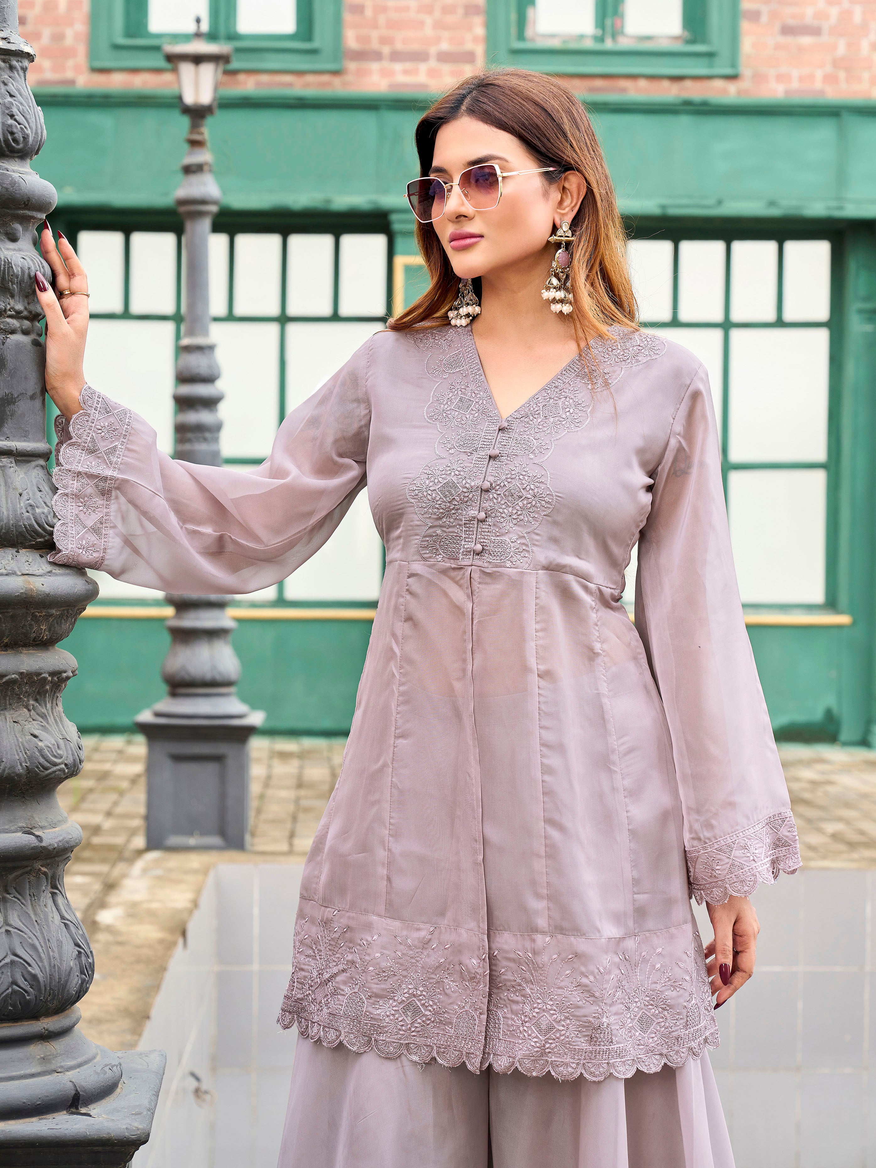 Still Grey color organza sequinns and thread embroidered Co-ords Set