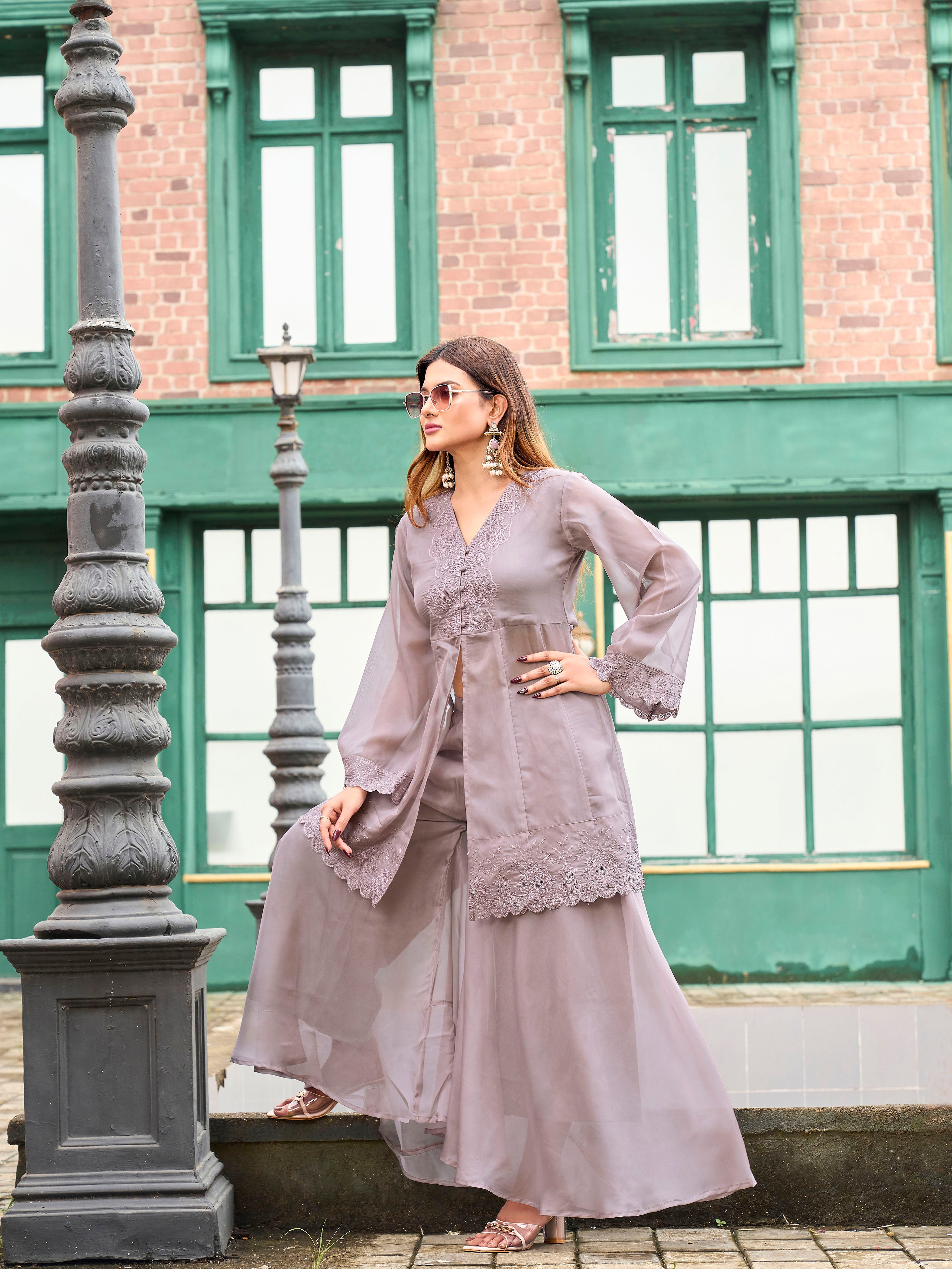 Still Grey color organza sequinns and thread embroidered Co-ords Set