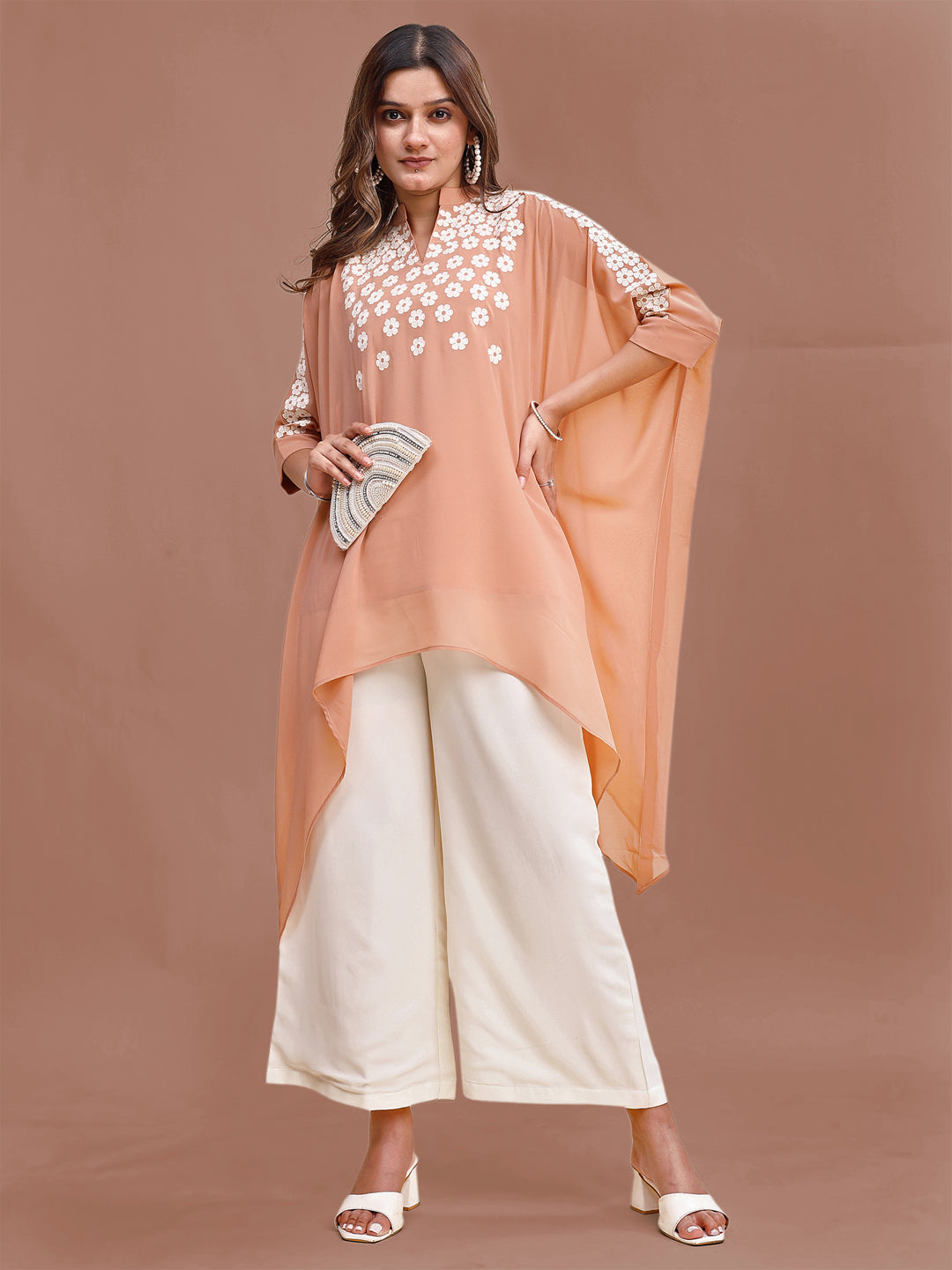 Peach Colored Georgette Kaftan With White Thread Embroidered Co-ord Set