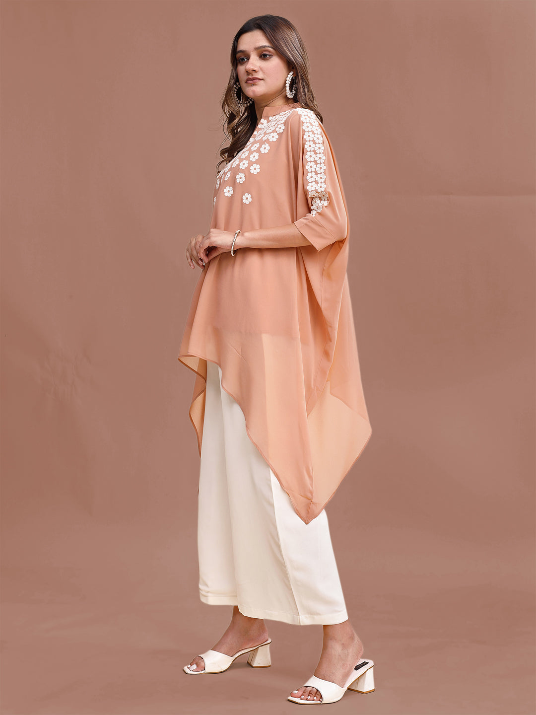 Peach Colored Georgette Kaftan With White Thread Embroidered Co-ord Set