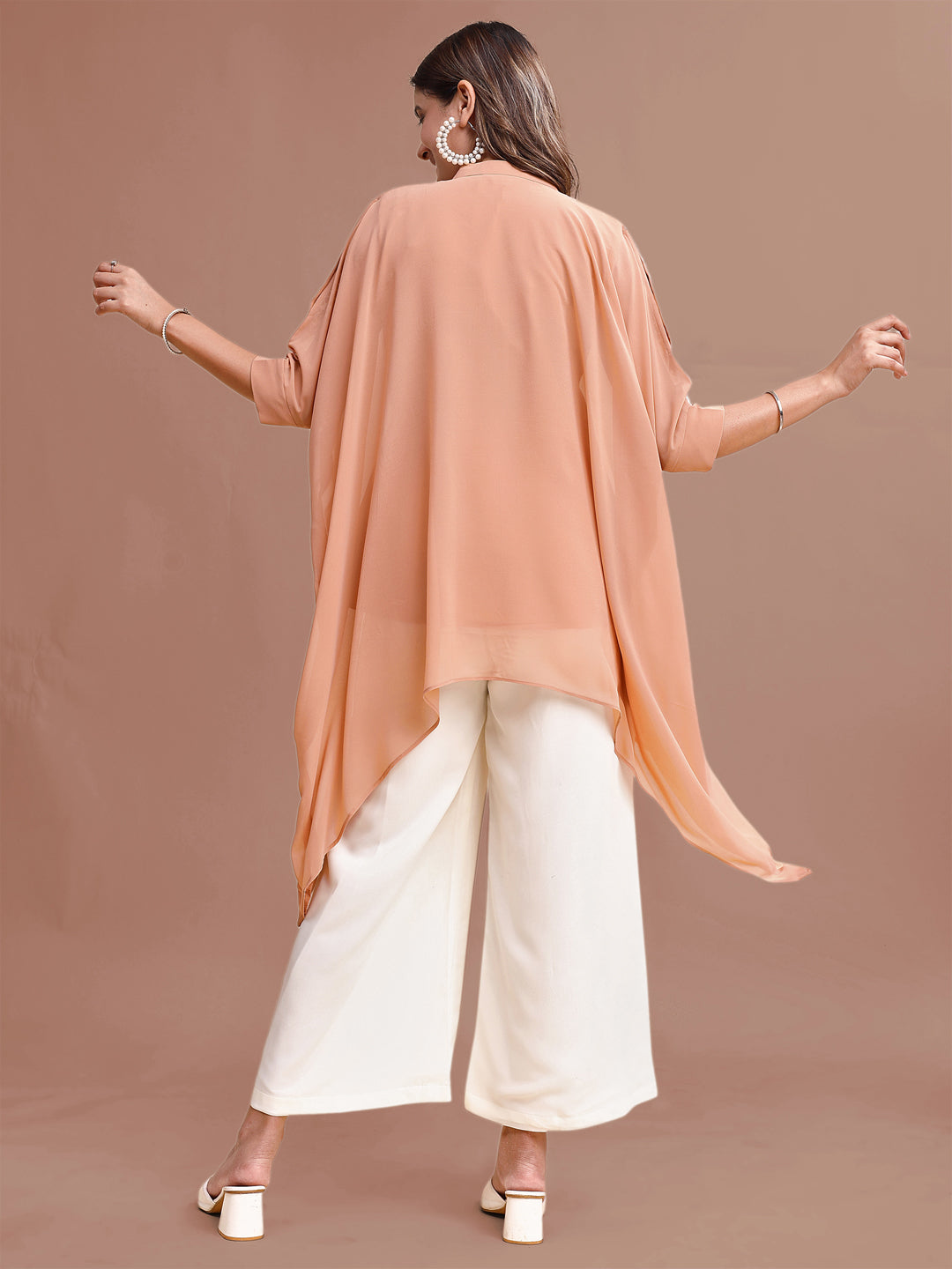 Peach Colored Georgette Kaftan With White Thread Embroidered Co-ord Set