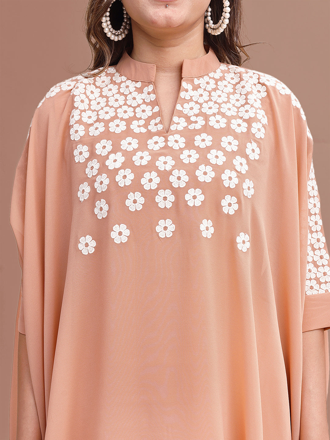 Peach Colored Georgette Kaftan With White Thread Embroidered Co-ord Set