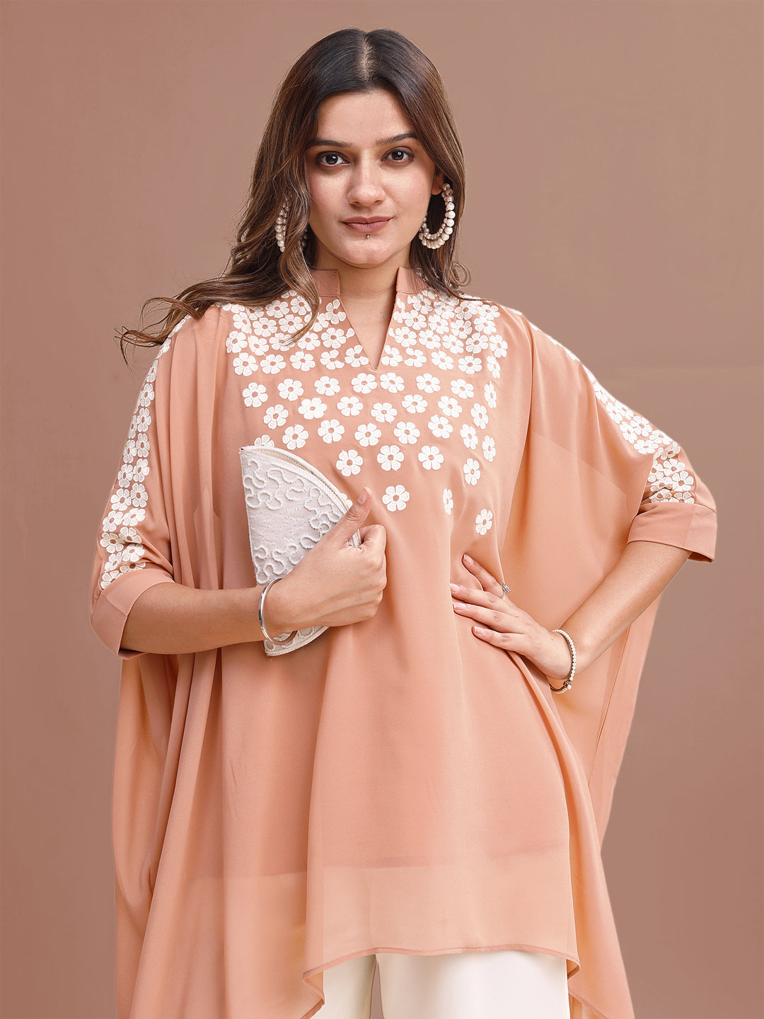 Peach Colored Georgette Kaftan With White Thread Embroidered Co-ord Set