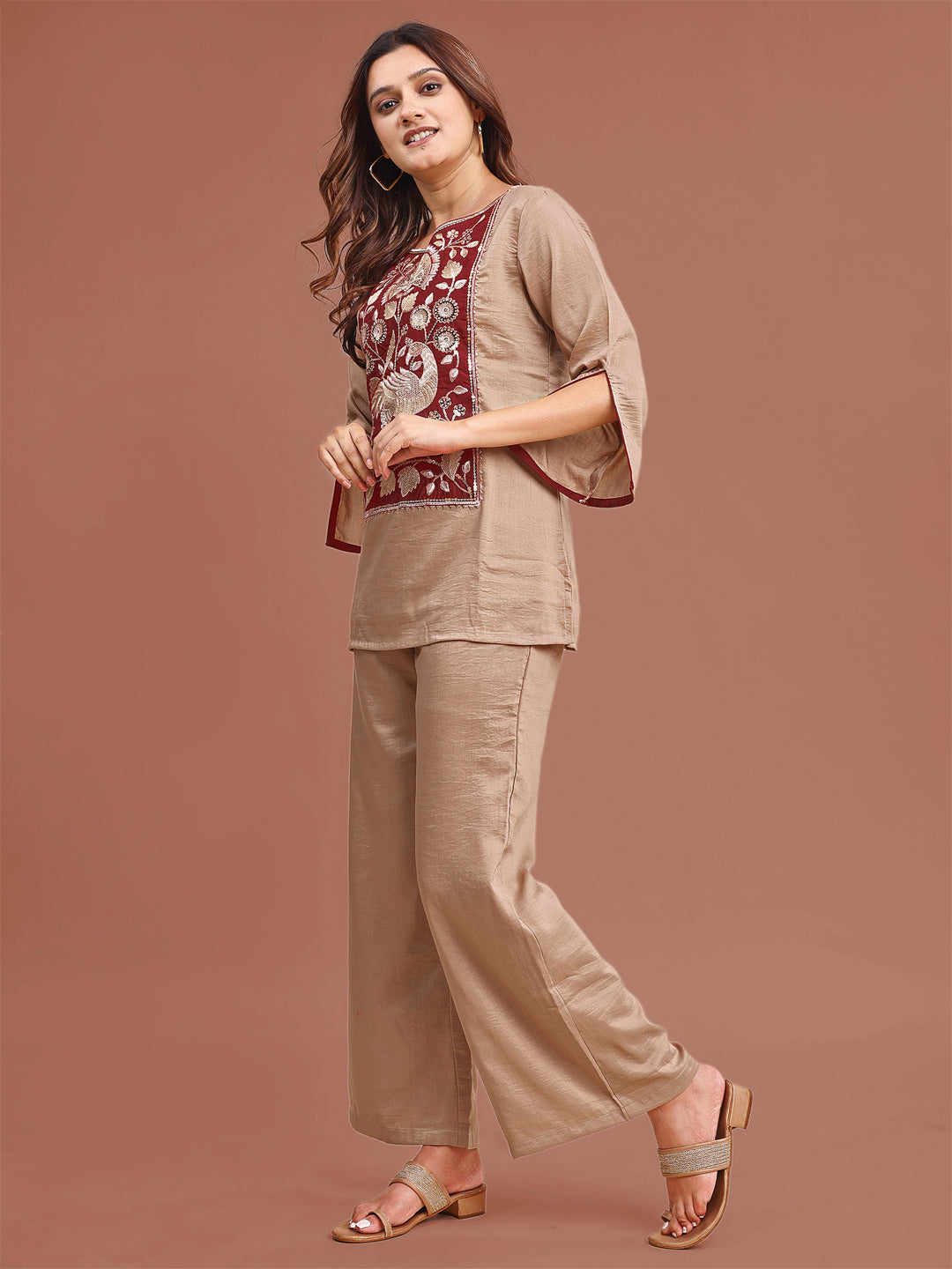 Beige Colored Silk Blend With Zari Work Yoke Embroidered Tunic & Trouser Co-ord Set